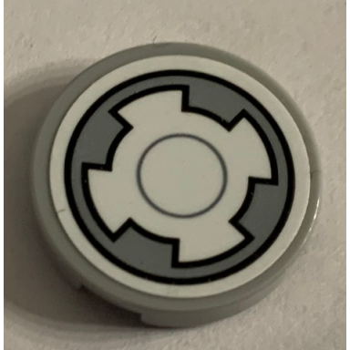 light bluish gray tile round 2 x 2 with bottom stud holder with sw millennium falcon dark bluish gray and white circles and cross pattern sticker - set 75212
