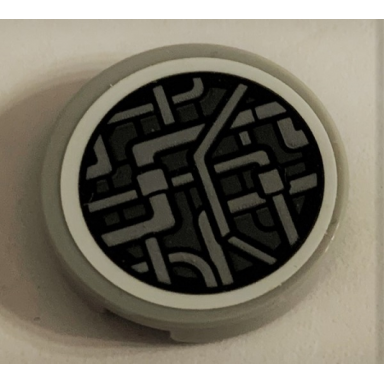 light bluish gray tile round 2 x 2 with bottom stud holder with sw millennium falcon light bluish gray pipes pattern sticker - set 75212