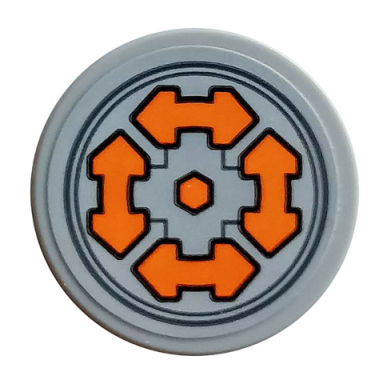 light bluish gray tile round 2 x 2 with bottom stud holder with 4 orange arrows double and hexagon pattern sticker - set 76107