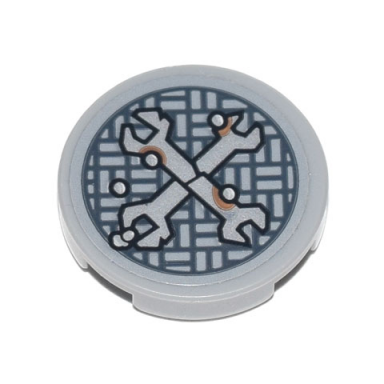 light bluish gray tile round 2 x 2 with bottom stud holder with silver crossed wrenches over metal mesh with rivets pattern sticker - set 70840