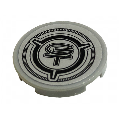 light bluish gray tile round 2 x 2 with bottom stud holder with black gt pattern sticker - set 10265