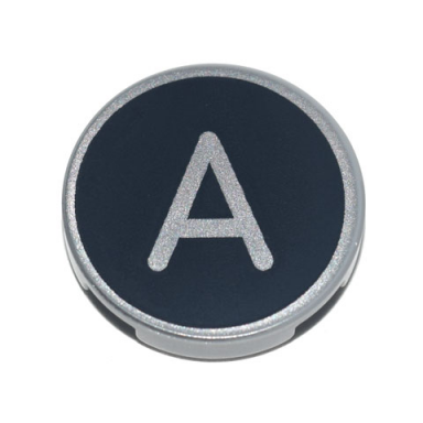 light bluish gray tile round 2 x 2 with bottom stud holder with silver capital letter a on black background pattern