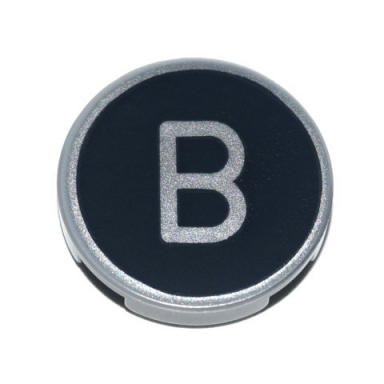 light bluish gray tile round 2 x 2 with bottom stud holder with silver capital letter b on black background pattern