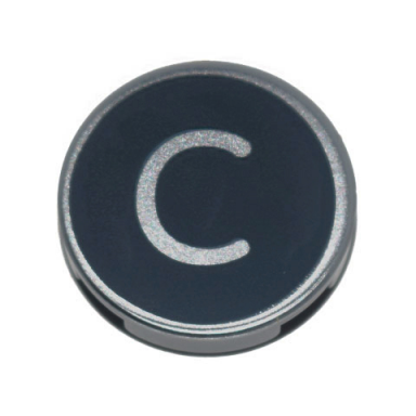 light bluish gray tile round 2 x 2 with bottom stud holder with silver capital letter c on black background pattern