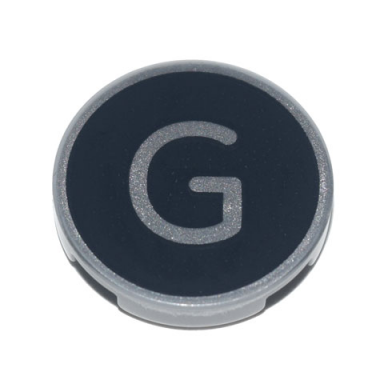 light bluish gray tile round 2 x 2 with bottom stud holder with silver capital letter g on black background pattern