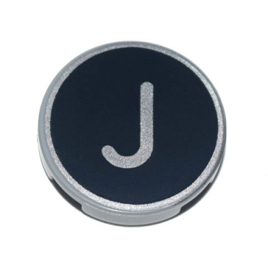 light bluish gray tile round 2 x 2 with bottom stud holder with silver capital letter j on black background pattern