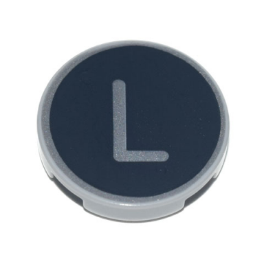 light bluish gray tile round 2 x 2 with bottom stud holder with silver capital letter l on black background pattern