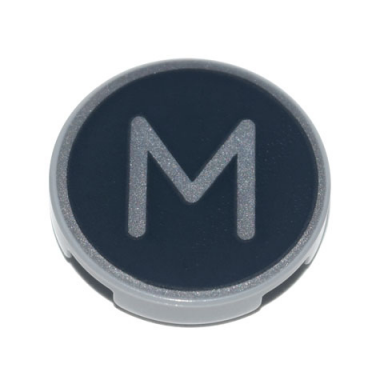 light bluish gray tile round 2 x 2 with bottom stud holder with silver capital letter m on black background pattern