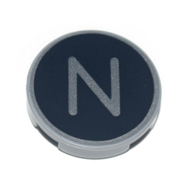 light bluish gray tile round 2 x 2 with bottom stud holder with silver capital letter n on black background pattern