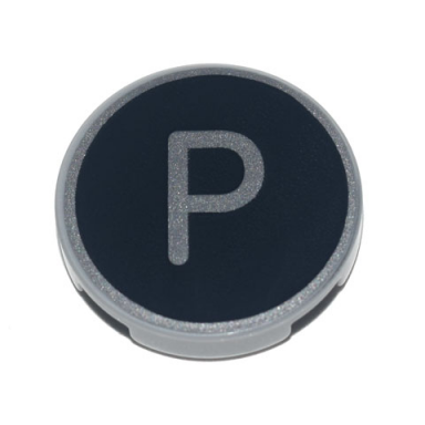 light bluish gray tile round 2 x 2 with bottom stud holder with silver capital letter p on black background pattern