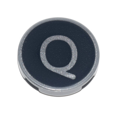 light bluish gray tile round 2 x 2 with bottom stud holder with silver capital letter q on black background pattern