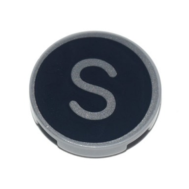 light bluish gray tile round 2 x 2 with bottom stud holder with silver capital letter s on black background pattern