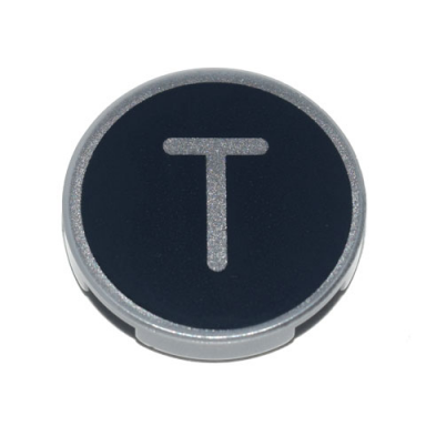light bluish gray tile round 2 x 2 with bottom stud holder with silver capital letter t on black background pattern