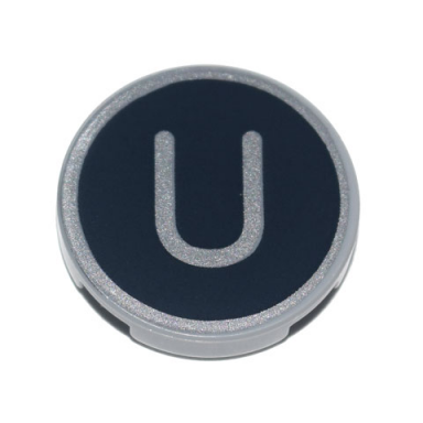 light bluish gray tile round 2 x 2 with bottom stud holder with silver capital letter u on black background pattern