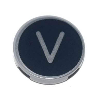 light bluish gray tile round 2 x 2 with bottom stud holder with silver capital letter v on black background pattern