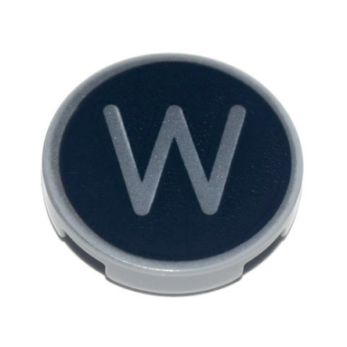 light bluish gray tile round 2 x 2 with bottom stud holder with silver capital letter w on black background pattern