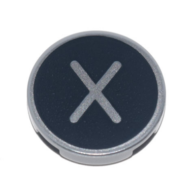 light bluish gray tile round 2 x 2 with bottom stud holder with silver capital letter x on black background pattern