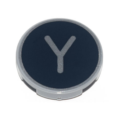 light bluish gray tile round 2 x 2 with bottom stud holder with silver capital letter y on black background pattern