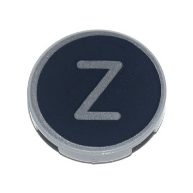 light bluish gray tile round 2 x 2 with bottom stud holder with silver capital letter z on black background pattern