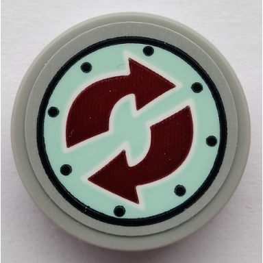light bluish gray tile round 2 x 2 with bottom stud holder with dark red arrows and black dots pattern sticker - set 75551