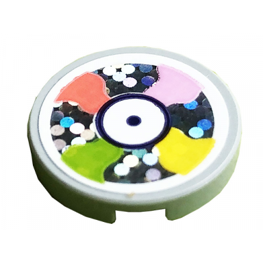 light bluish gray tile round 2 x 2 with bottom stud holder with bright pink coral lime and yellow sectors compact disk pattern sticker - set 41250
