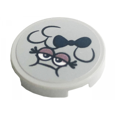 light bluish gray tile round 2 x 2 with bottom stud holder with face and dark blue bow pattern sticker - set 41256