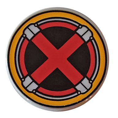 light bluish gray tile round 2 x 2 with bottom stud holder with red x-men logo in bright light yellow circle pattern