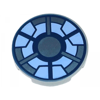 light bluish gray tile round 2 x 2 with bottom stud holder with dark blue metallic light blue and bright light blue arc reactor pattern