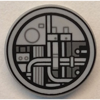 light bluish gray tile round 2 x 2 with bottom stud holder with black and dark bluish gray sw millennium falcon conduits and pipes pattern