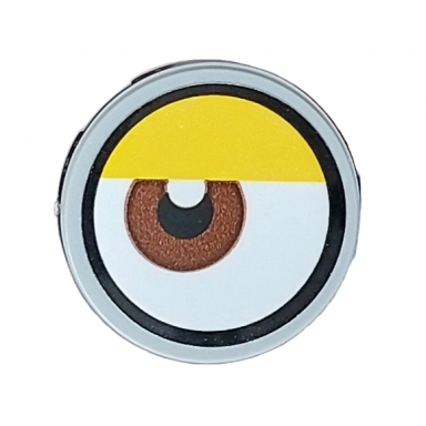 light bluish gray tile round 2 x 2 with bottom stud holder with white eye with off-center reddish brown iris and partially closed yellow eyelid pattern 1 sticker - set 75582