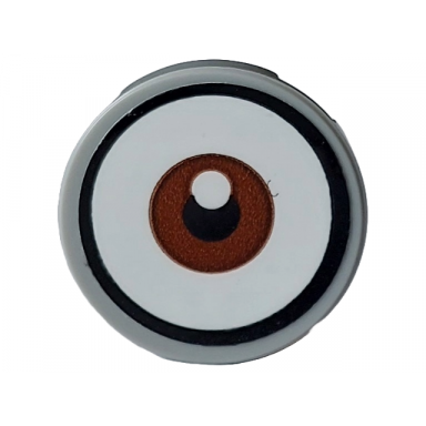 light bluish gray tile round 2 x 2 with bottom stud holder with white eye with centered reddish brown iris pattern sticker - set 75582