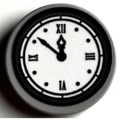light bluish gray tile round 2 x 2 with bottom stud holder with clock face with black border hands and roman numerals on white background pattern sticker - set 60216