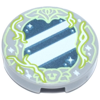 light bluish gray tile round 2 x 2 with bottom stud holder with metallic light blue mirror with white reflections and sparkles yellowish green and lime border with branches and flowers pattern