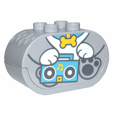 light bluish gray duplo brick 2 x 4 x 2 oval with sound white button and debossed music notes with puppy body holding boom box pattern