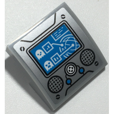 light bluish gray slope curved 2 x 2 x 2 3 with dark azure screen and buttons white ghosts and directional pad black speakers on silver background pattern sticker - set 70435