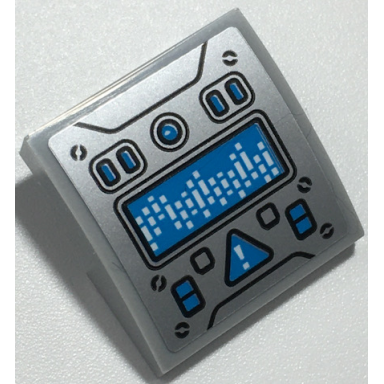 light bluish gray slope curved 2 x 2 x 2 3 with dark azure screen buttons and warning triangle on silver background pattern sticker - set 70435