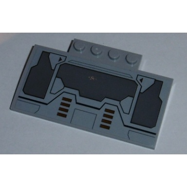 light bluish gray slope curved 5 x 8 x 2 3 with 4 studs with hatches and dark red arrows and rectangles pattern sticker - set 75140
