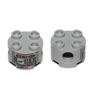light bluish gray brick round 2 x 2 with pin holes with silver and dark orange robot pattern c1-10p