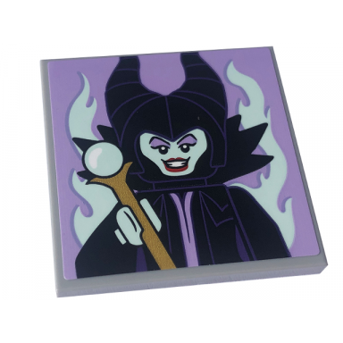 light bluish gray tile 4 x 4 with maleficent minifigure and light aqua flames on lavender background pattern sticker - set 43227