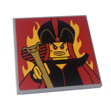 light bluish gray tile 4 x 4 with jafar minifigure and bright light orange flames on red background pattern sticker - set 43227