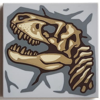 tile 4 x 4 with dark brown dark tan and tan tyrannosaurus rex skull fossil on jagged dark bluish gray background pattern