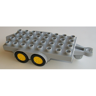 light bluish gray duplo trailer flatbed 4 x 8 studs with hitch ends four black wheels and yellow hubs
