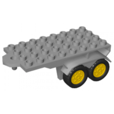 light bluish gray duplo trailer flatbed 4 x 8 with hook and four black wheels with yellow hubs