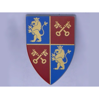 minifigure shield triangular long with gold lions and crossed keys on blue and red quarters background pattern bam