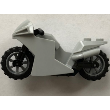 light bluish gray motorcycle sport bike with black frame flat silver wheels and black handlebars