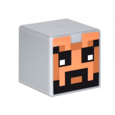 light bluish gray minifigure head modified cube with pixelated nougat face medium nougat mouth and black eyes eyebrows and beard pattern minecraft skin