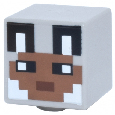 light bluish gray minifigure head modified cube with pixelated medium brown face black eyes reddish brown mouth ears with white auricles fur on cheeks pattern minecraft wolf skin