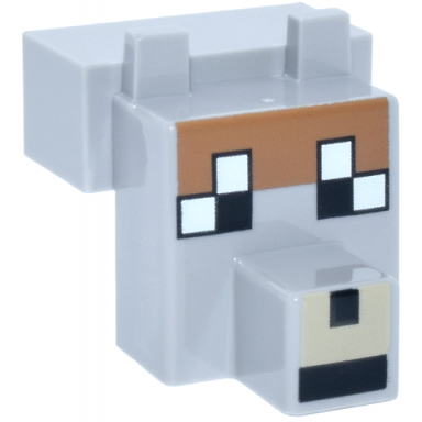 light bluish gray creature head pixelated with snout with black and white eyes large tan muzzle medium nougat fur pattern minecraft tamed wolf