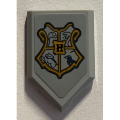 light bluish gray tile modified 2 x 3 pentagonal with gold coat of arms hogwarts crest with 4 animals pattern sticker - set 76389