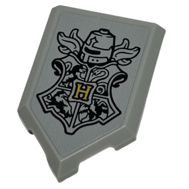 light bluish gray tile modified 2 x 3 pentagonal with gold capital letter h black hogwarts crest helmet and plume feathers pattern sticker - set 76413